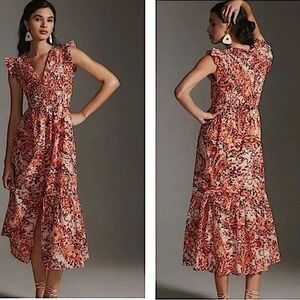 Anthropologie Orange Paisley Floral Smocked Midi Dress V-Neck Ruffle Sleeveless